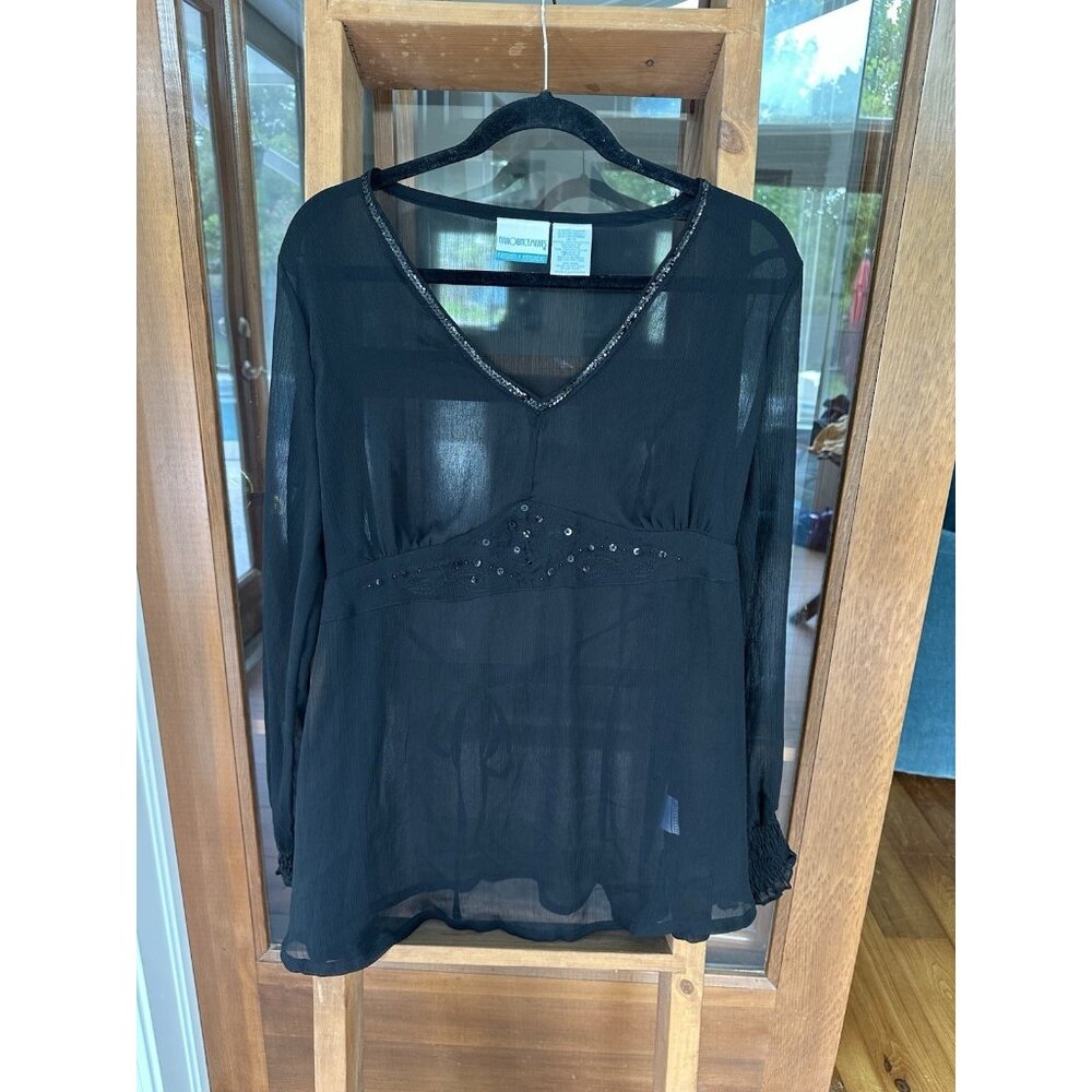 Vintage Maternity Shirt  Beaded Blouse Announcements Sheer Black XL
